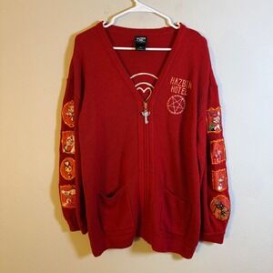Hazbin Hotel Hot Topic Red Zip Up Cardigan Sweater Character Sleeve Patches‎ MD